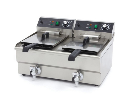 Friteuse Électrique Professionnelle 2 x 13L avec Robinets – 6000W – Double Prise 230V – Inox