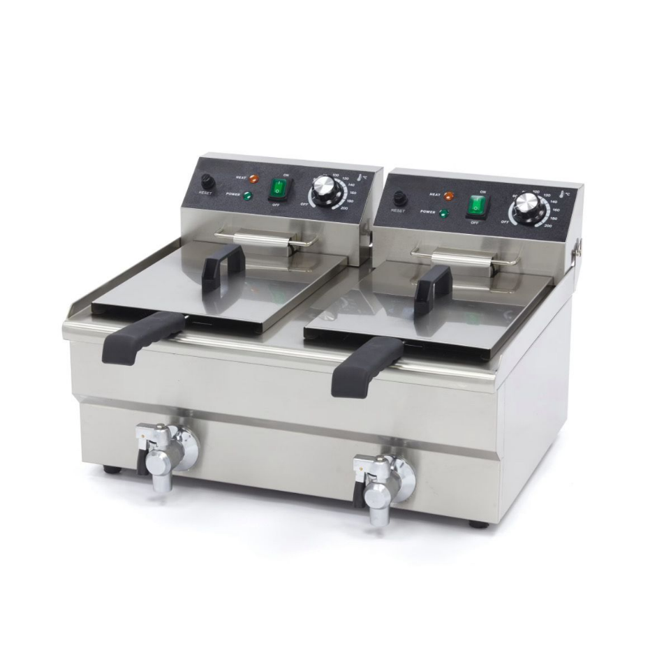Friteuse Électrique Professionnelle 2 x 10L avec Robinets – 6000W – Double Prise 230V – Inox