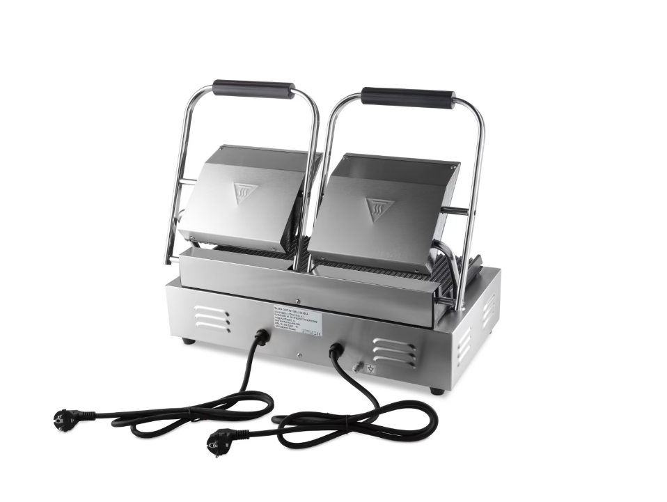 Grill de Contact Double Professionnel – Inox – 2 x 1800W – Thermostat 300°C – Plaques Rainurées