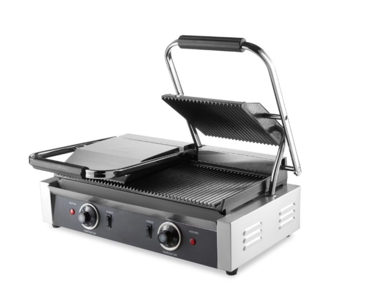 Grill de Contact Double Professionnel – Inox – 2 x 1800W – Thermostat 300°C – Plaques Rainurées