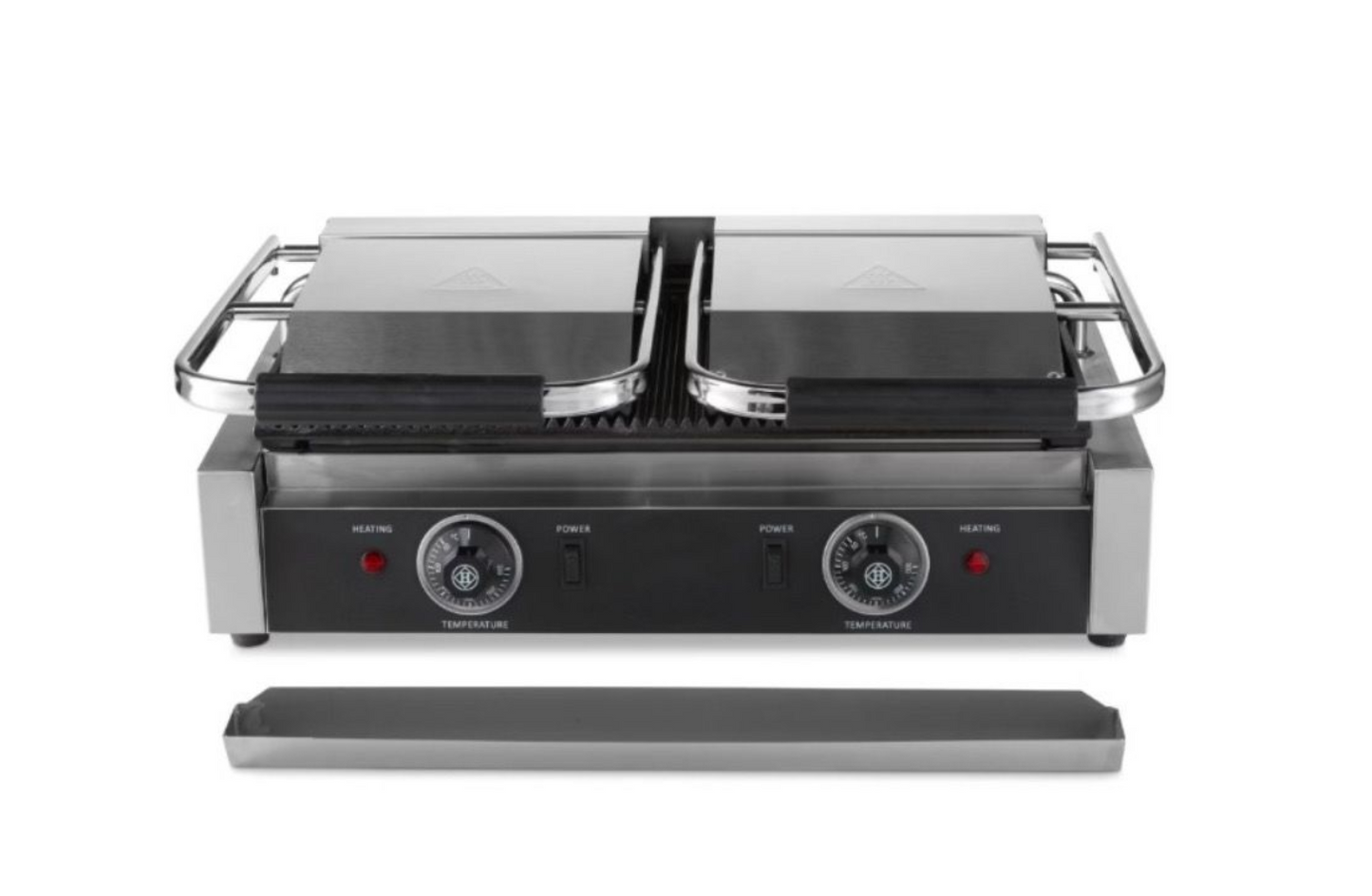 Grill de Contact Double Professionnel – Inox – 2 x 1800W – Thermostat 300°C – Plaques Rainurées