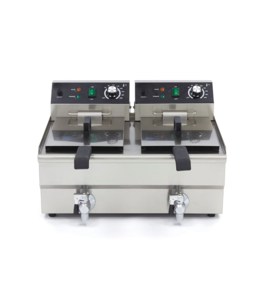 Friteuse Électrique Professionnelle 2 x 10L avec Robinets – 6000W – Double Prise 230V – Inox