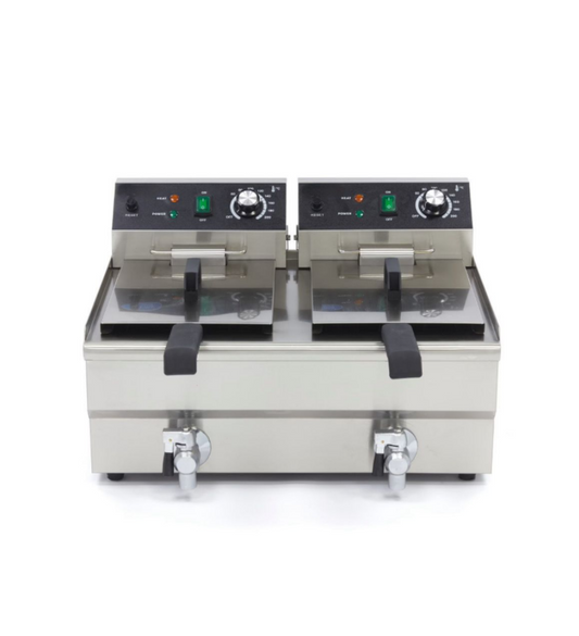 Friteuse Électrique Professionnelle 2 x 10L avec Robinets – 6000W – Double Prise 230V – Inox