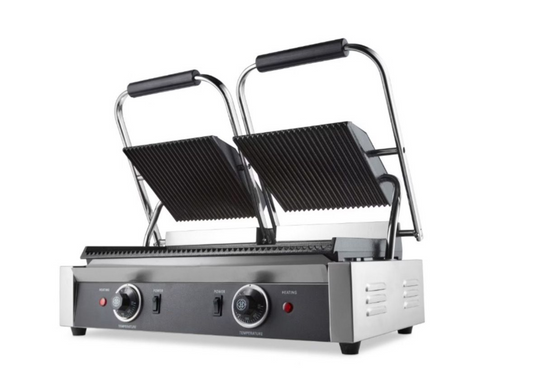 Grill de Contact Double Professionnel – Inox – 2 x 1800W – Thermostat 300°C – Plaques Rainurées