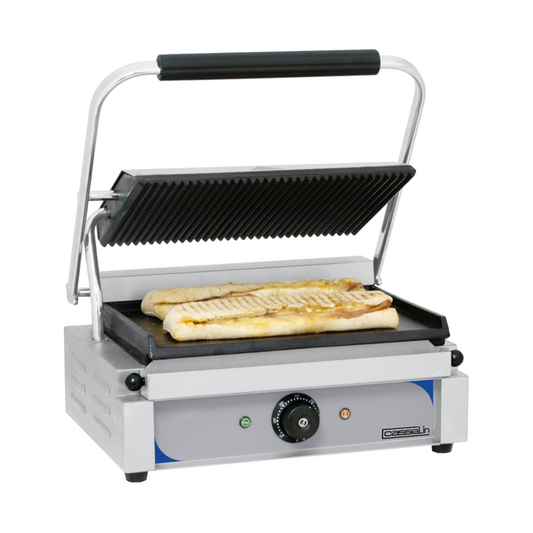 Grill Panini Professionnel Casselin – Plaques Fonte Rainurée / Lisse – 2200W – Inox