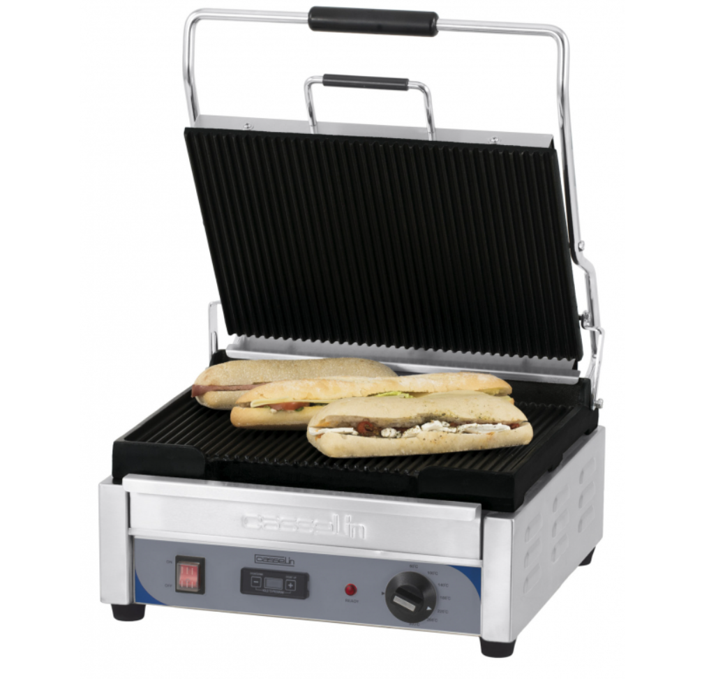 Grill Panini Grand Premium Casselin – Plaques Fonte Rainurées – 2400W – Inox avec Minuteur