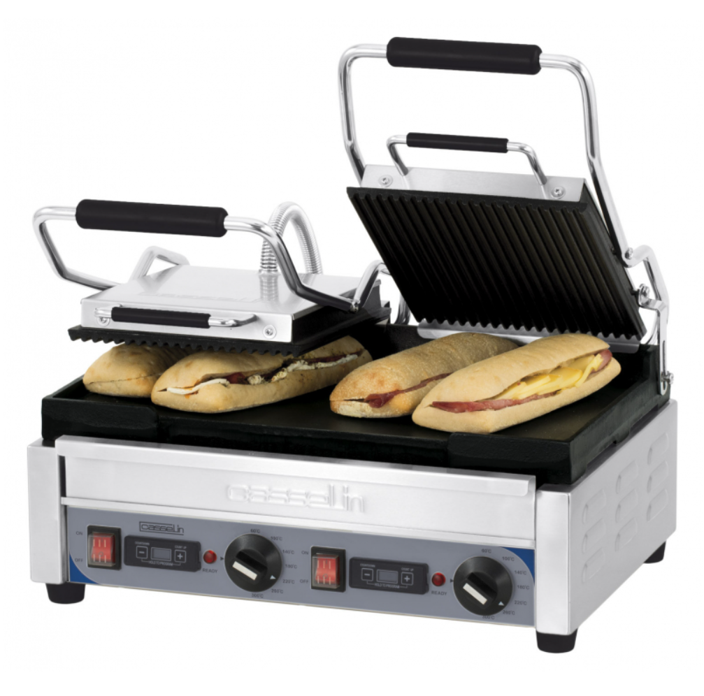 Grill Panini Double Premium Casselin – Plaques Fonte Rainurées / Lisse – 2900W – Inox avec Minuteur