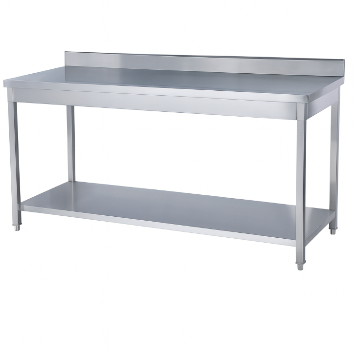 Table inox 150x70 avec dosseret et soubassement